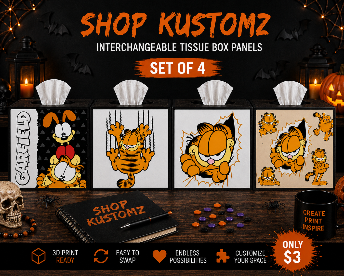 Orange Cartoon Cat Tissue Box Panels | Set of 4 Interchangeable 3D Print Files | Funny Cat Tissue Box Decor | Digital STL Files (Copy)