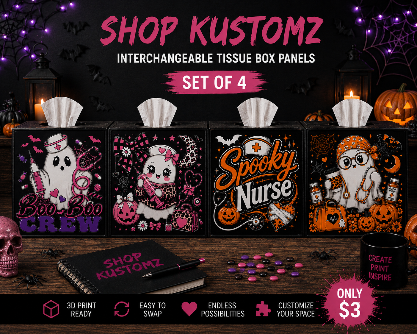 Spooky Nurse Tissue Box Panels Set of 4 | Halloween Nurse Decor | Interchangeable 3D Printed Panels | Medical Office Desk Decor
