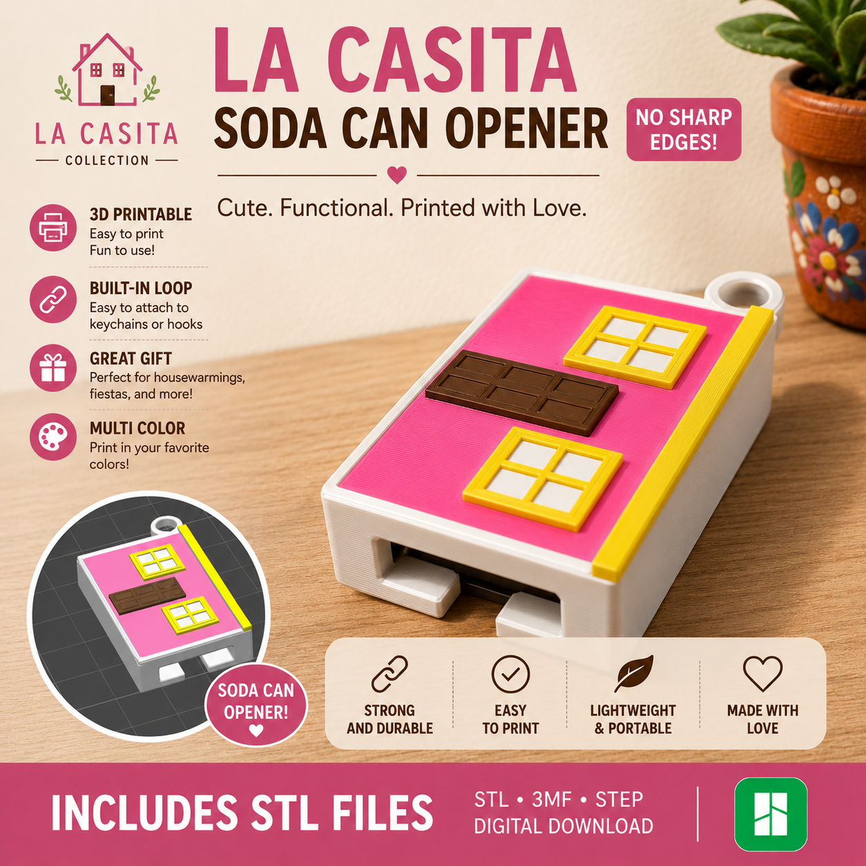 La Casita Soda Can Opener and Straw Topper STL File | Puerto Rican Inspired Can Tab Opener | 3D Printable Keychain | Digital Download