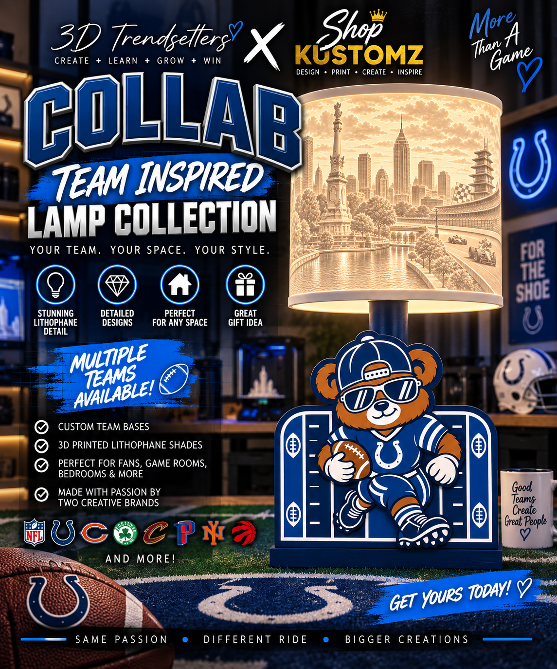 32-Team Football BEAR MALE Lithophane Lampshade Bundle | Digital Download | Lampshades Only