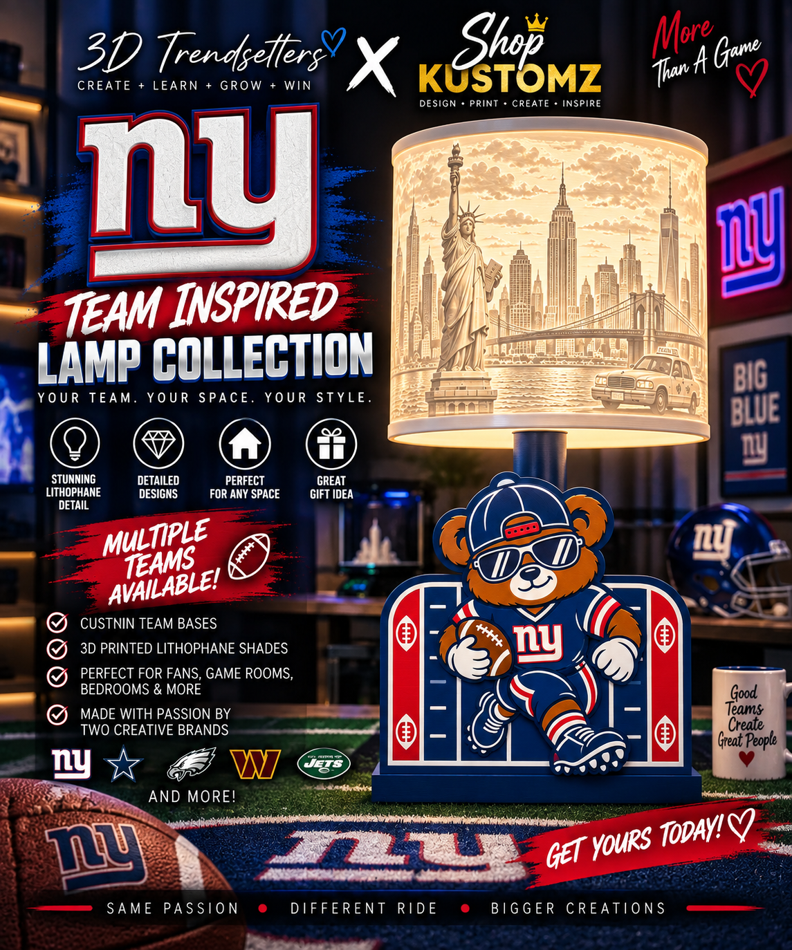 32-Team Football BEAR MALE Lithophane Lampshade Bundle | Digital Download | Lampshades Only
