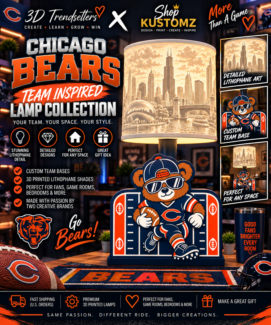 32-Team Football BEAR MALE Lithophane Lampshade Bundle | Digital Download | Lampshades Only