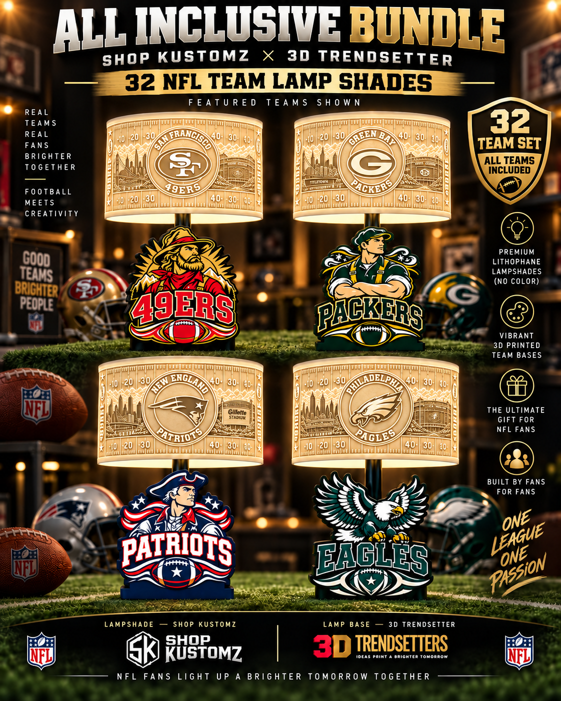 32-Team Football Lamp Shade Bundle| 32 3MF Files | Digital Download Sports Theme Inspired Lithophane Lampshade