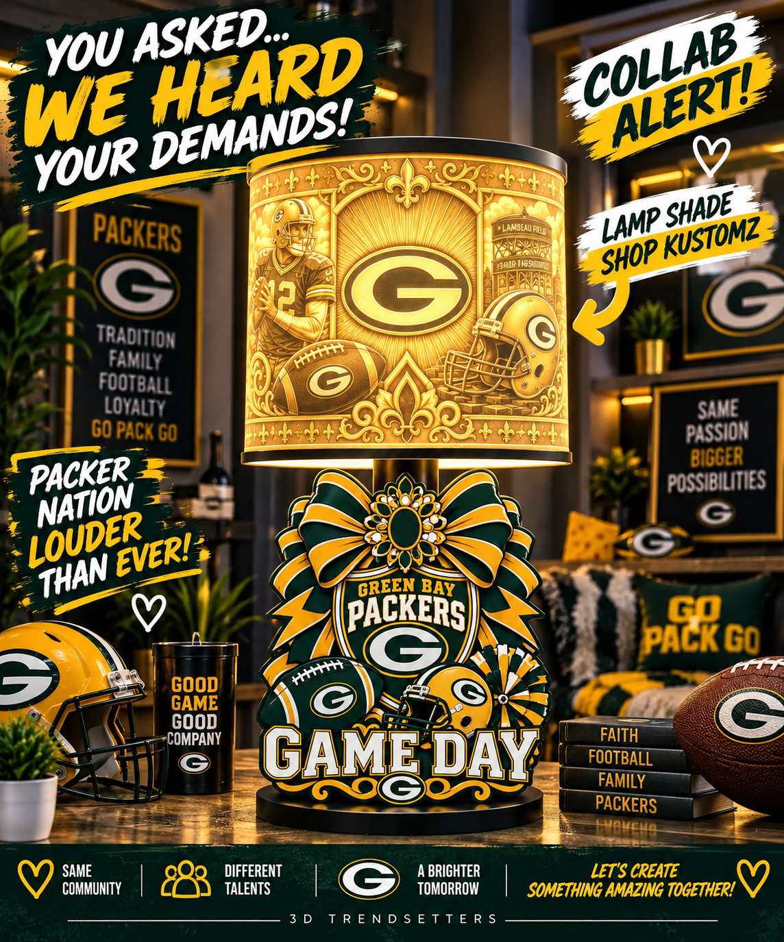 Green Bay Packers Female Sports Theme Inspired Lithophane Lampshade