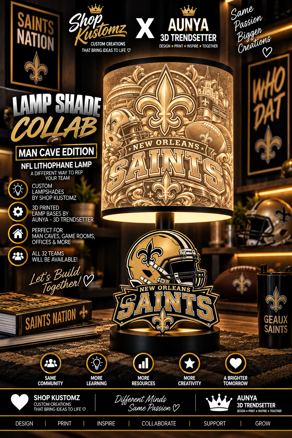 SAINTS MALE Sports Theme Inspired Lithophane Lampshade