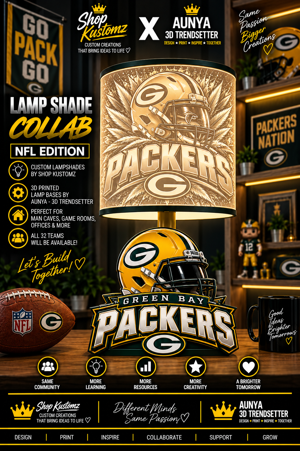 Green Bay Packers MALE Sports Theme Inspired Lithophane Lampshade