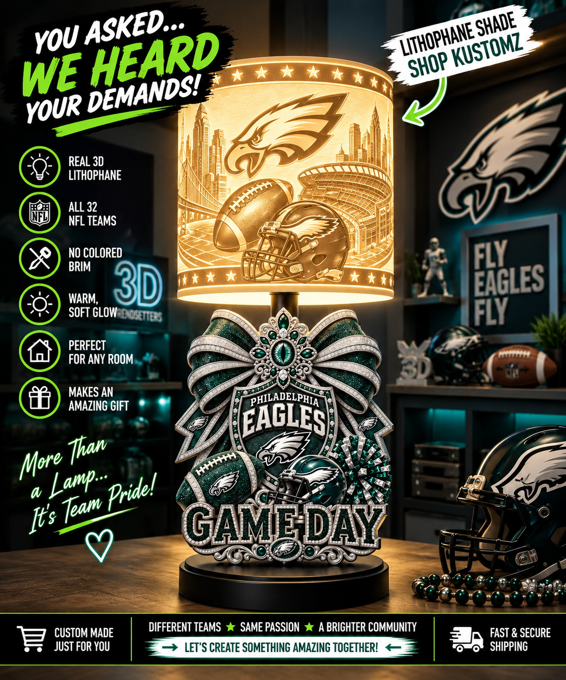 EAGLES Female Sports Theme Inspired Lithophane Lampshade