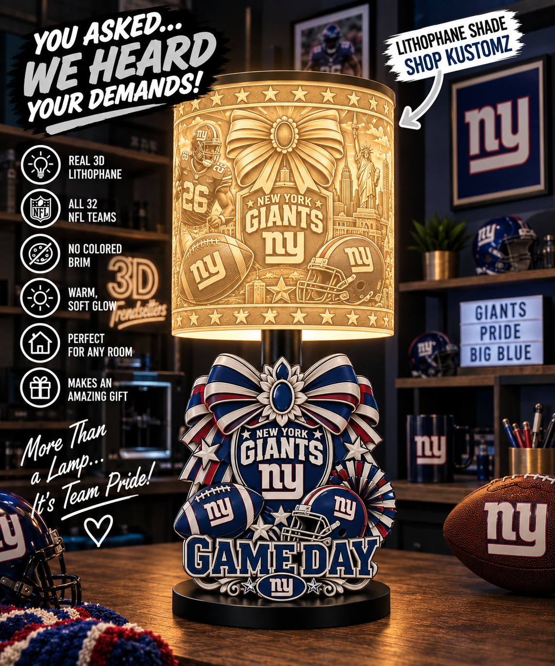 GIANTS Female Sports Theme Inspired Lithophane Lampshade