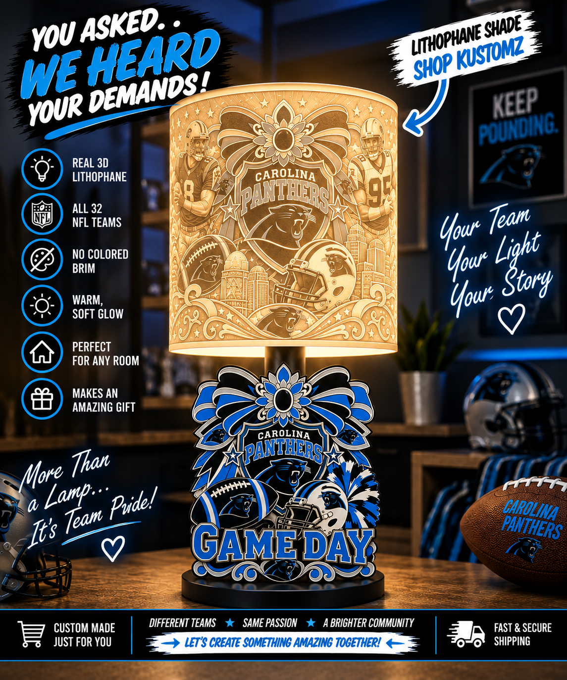 PANTHERS Female Sports Theme Inspired Lithophane Lampshade