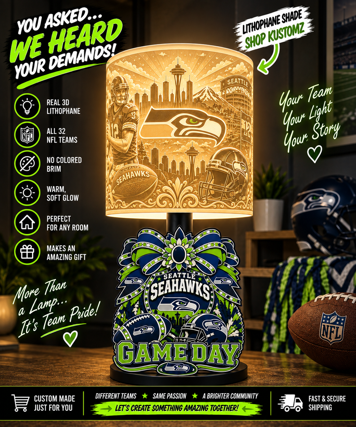 SEAHAWKS Female Sports Theme Inspired Lithophane Lampshade