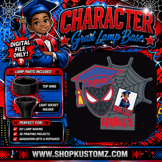 Superhero Style Character Grad Lamp Base STL | Custom Name Graduation Hat | 3D Print File with Photo Slot
