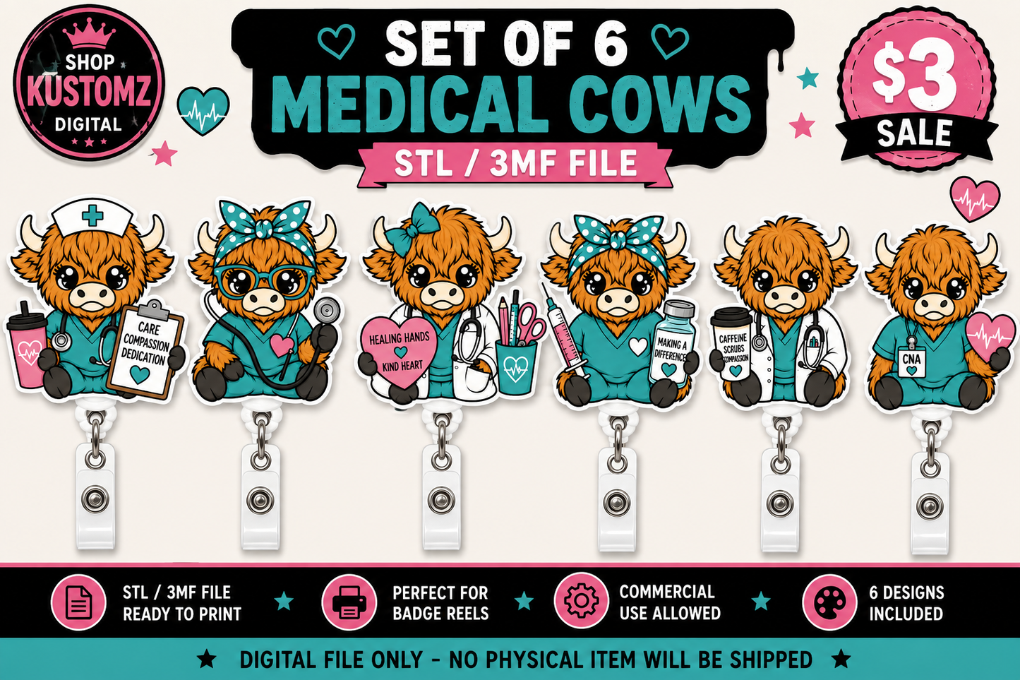 Medical Highland Cow Badge Reel STL 3MF Bundle | Set of 6 Medical Cow Designs | Healthcare Badge Reel 3D Print Files | Digital Download