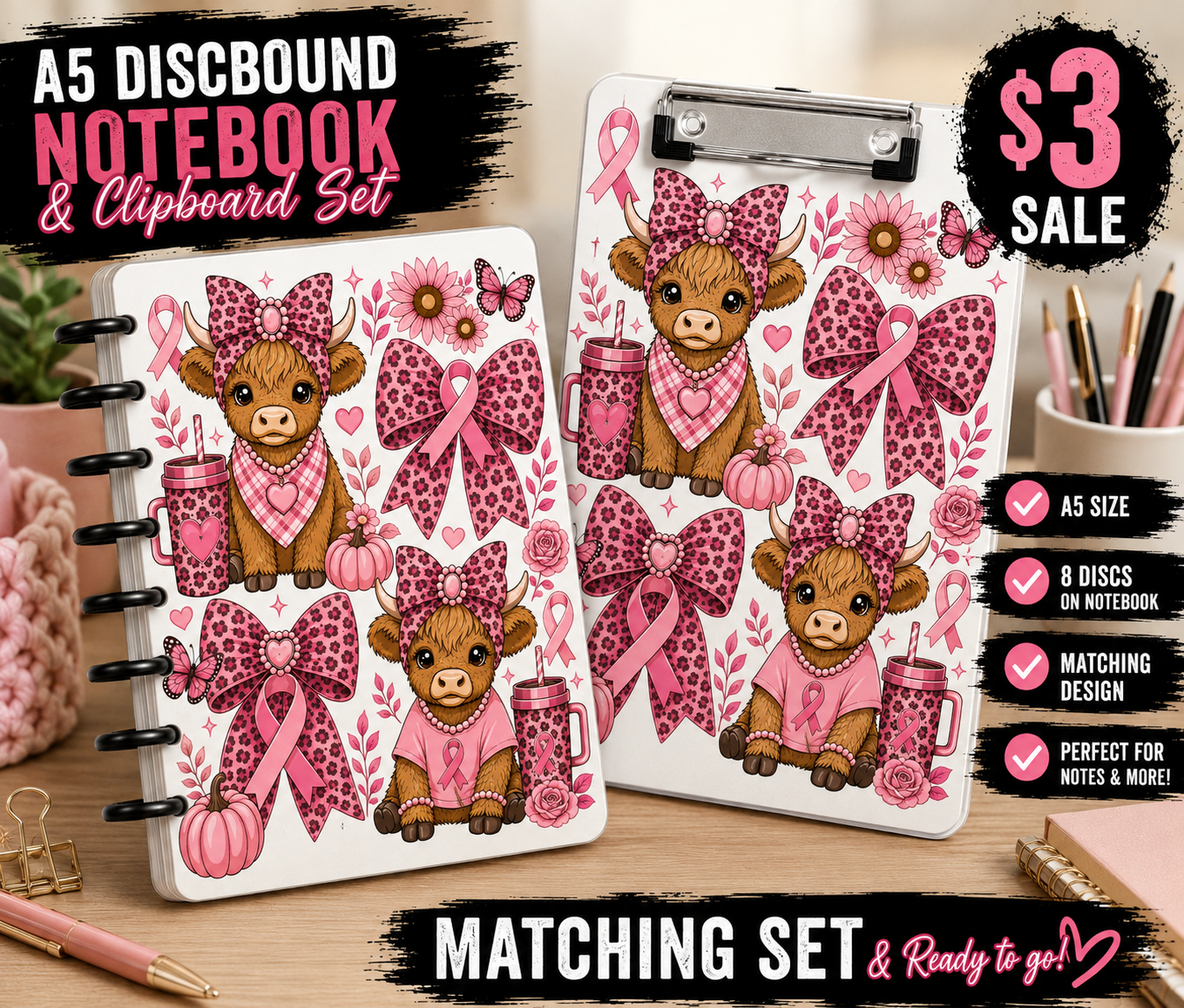 Pink Highland Cow A5 Discbound Notebook & Clipboard STL 3MF Files | Breast Cancer Awareness Cow | Matching 3D Print Set | Digital Download