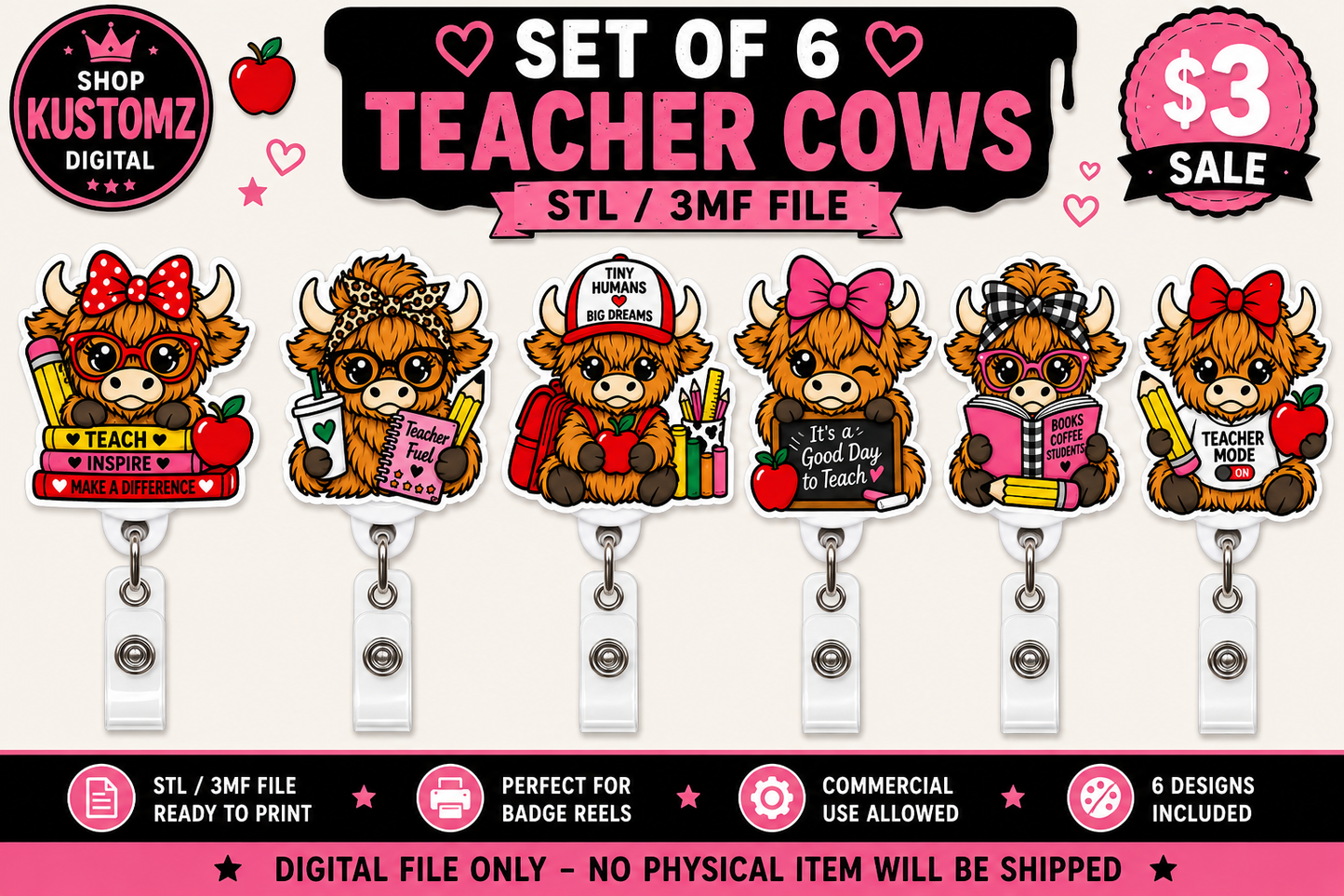 Teacher Highland Cow Badge Reel STL 3MF Bundle | Set of 6 Teacher Cow Designs | Back to School 3D Print Files | Teacher Gift Digital Download