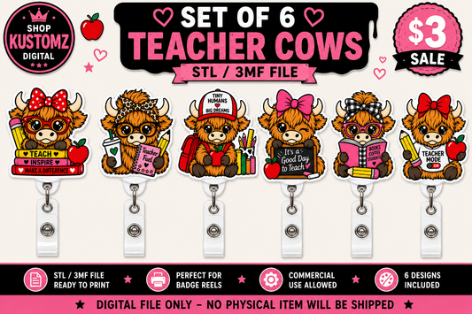 Teacher Highland Cow Badge Reel STL 3MF Bundle | Set of 6 Teacher Cow Designs | Back to School 3D Print Files | Teacher Gift Digital Download